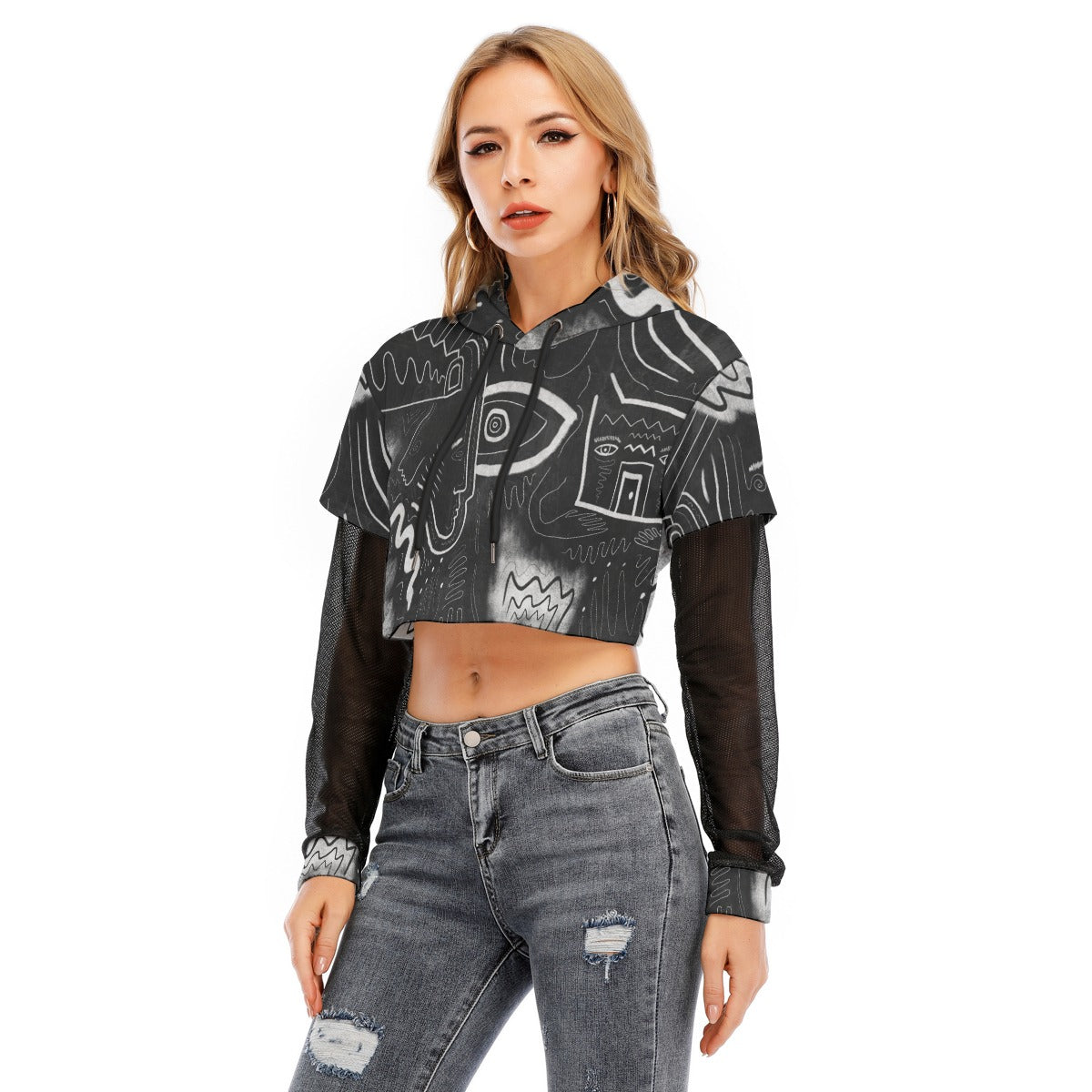 "The Midnight Dreamer" - Crop Hoodie with Mesh Sleeves