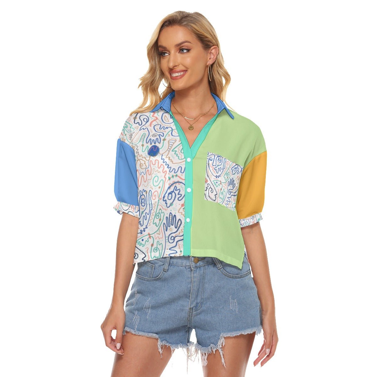 "Soul Scribbles Inverse" - Women's V-Neck Button Up Shirt | Shirts & Tops | All Around Artsy Fashion