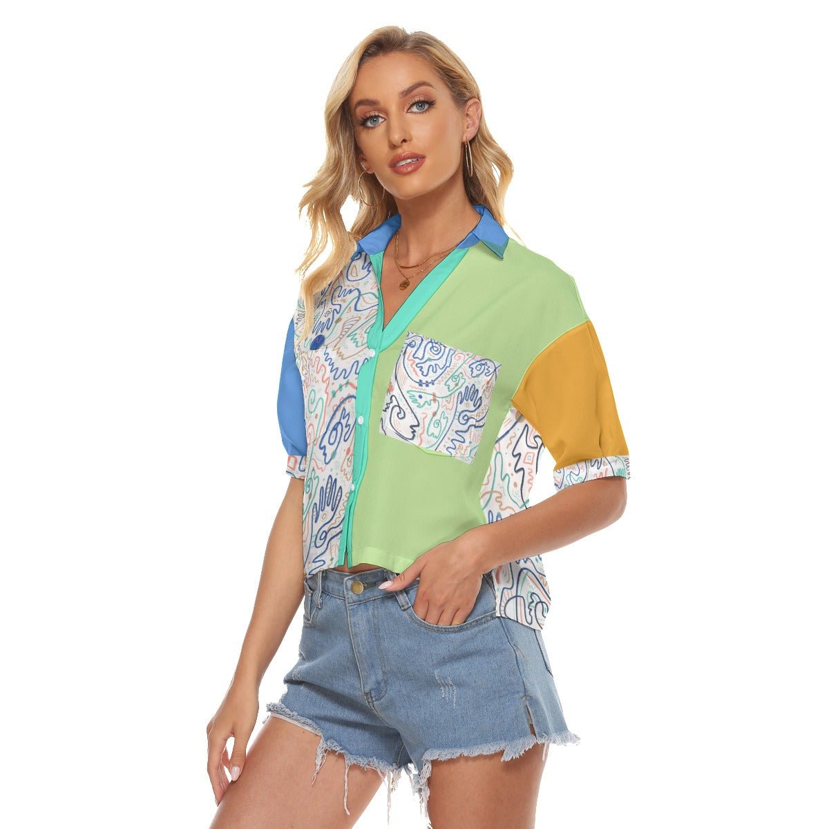 "Soul Scribbles Inverse" - Women's V-Neck Button Up Shirt | Shirts & Tops | All Around Artsy Fashion