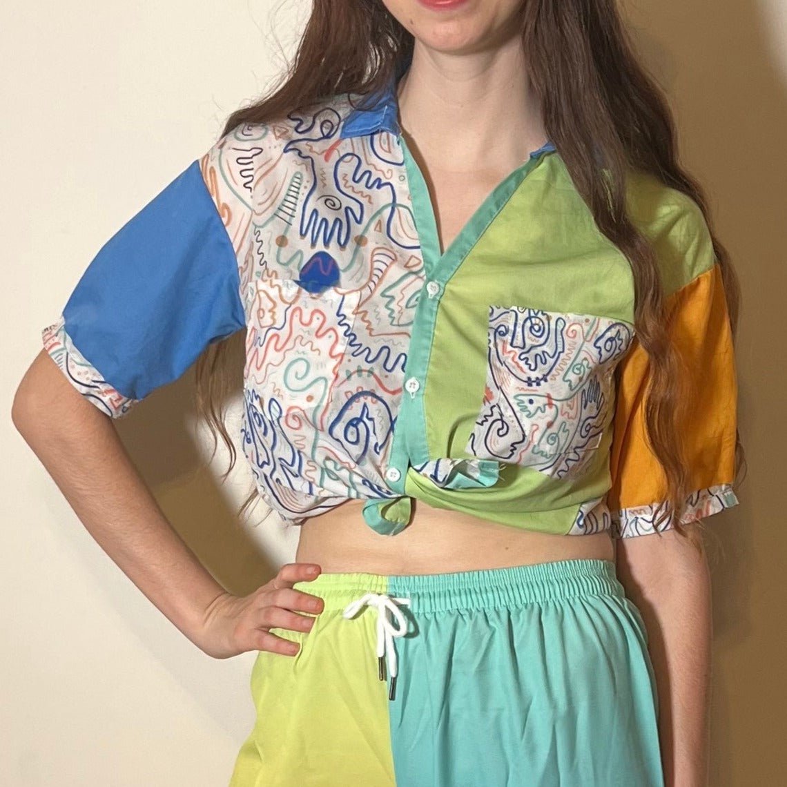 "Soul Scribbles Inverse" - Women's V-Neck Button Up Shirt | Shirts & Tops | All Around Artsy Fashion