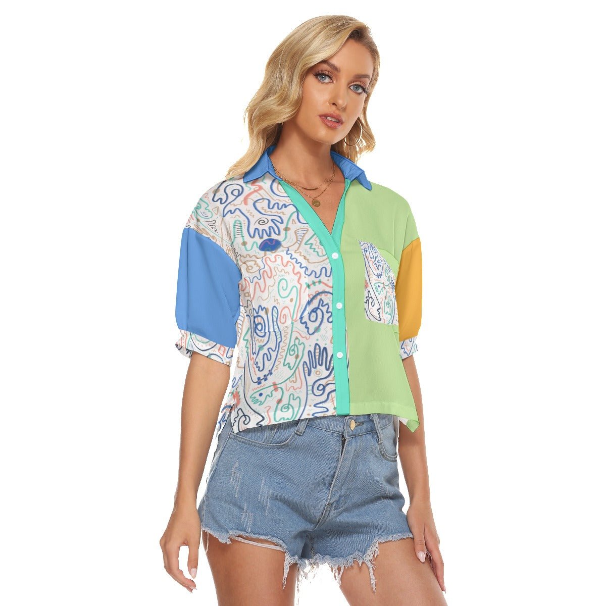 "Soul Scribbles Inverse" - Women's V-Neck Button Up Shirt | Shirts & Tops | All Around Artsy Fashion