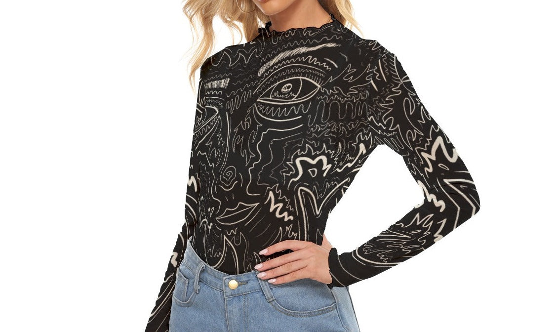 "Fire Face" Mesh Shirt — mesh close-up