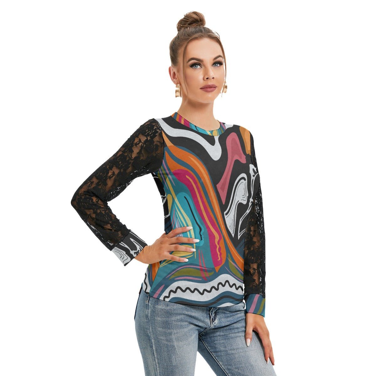 "Artsy Joyride" - Women's Shirt With Black Lace Sleeves | Shirts & Tops | All Around Artsy Fashion