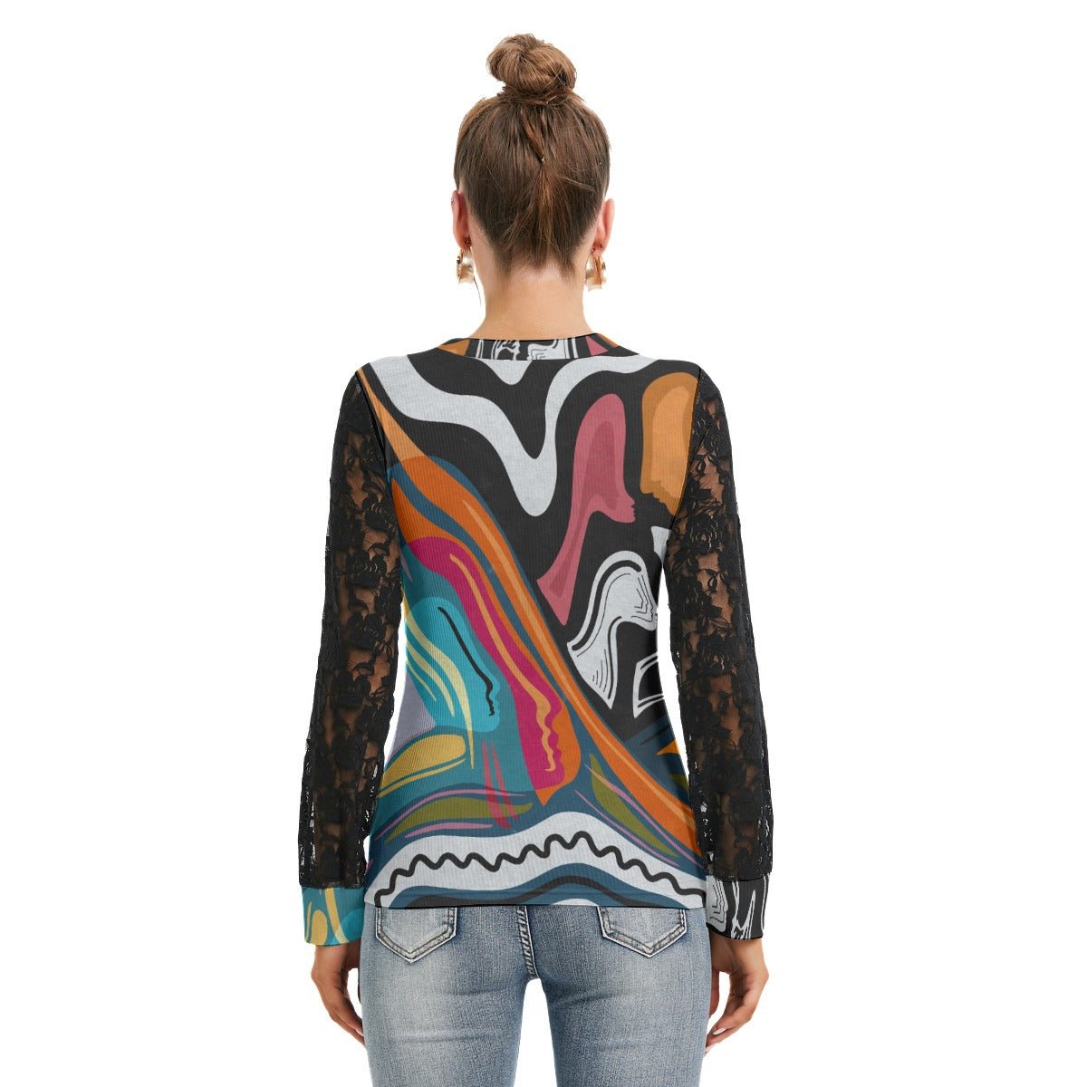 "Artsy Joyride" - Women's Shirt With Black Lace Sleeves | Shirts & Tops | All Around Artsy Fashion