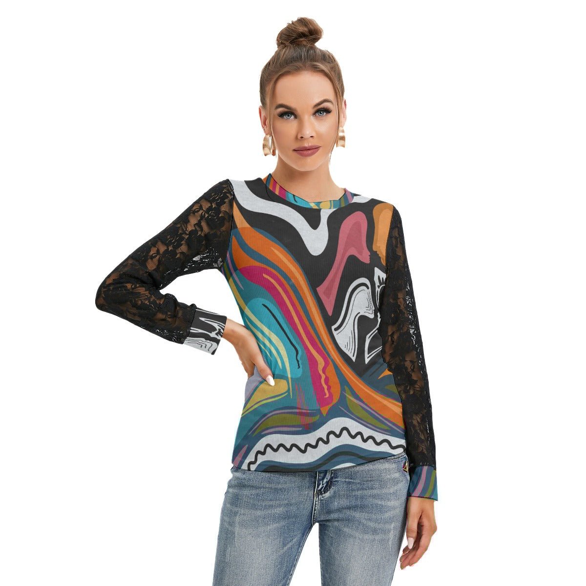 "Artsy Joyride" - Women's Shirt With Black Lace Sleeves | Shirts & Tops | All Around Artsy Fashion