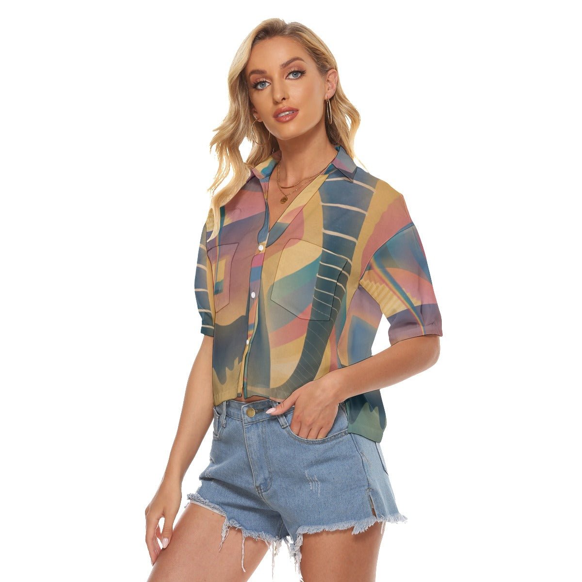 "Chromatic Aberration" - Women's V-Neck Button-Up Shirt | Shirts & Tops | All Around Artsy Fashion