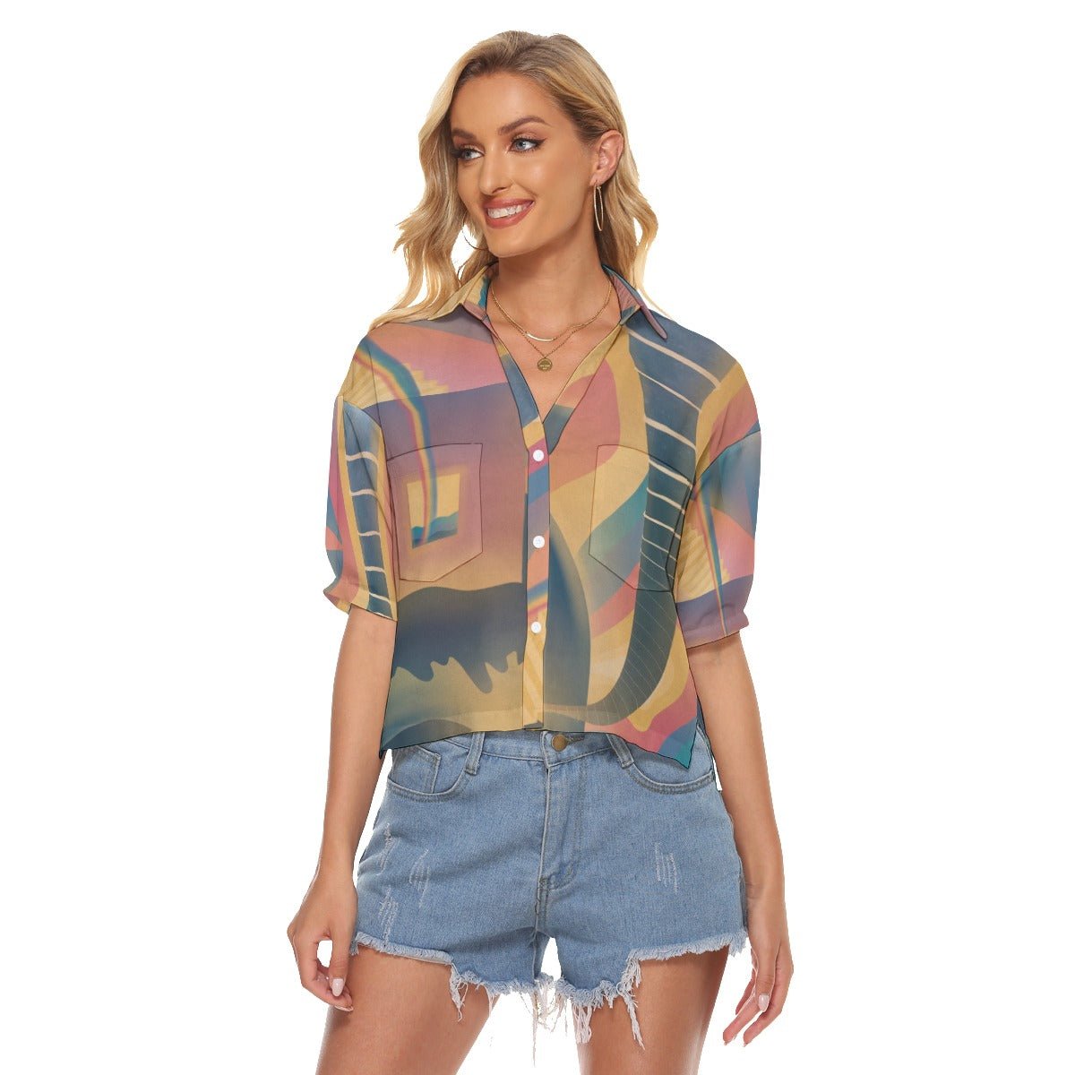 "Chromatic Aberration" - Women's V-Neck Button-Up Shirt | Shirts & Tops | All Around Artsy Fashion