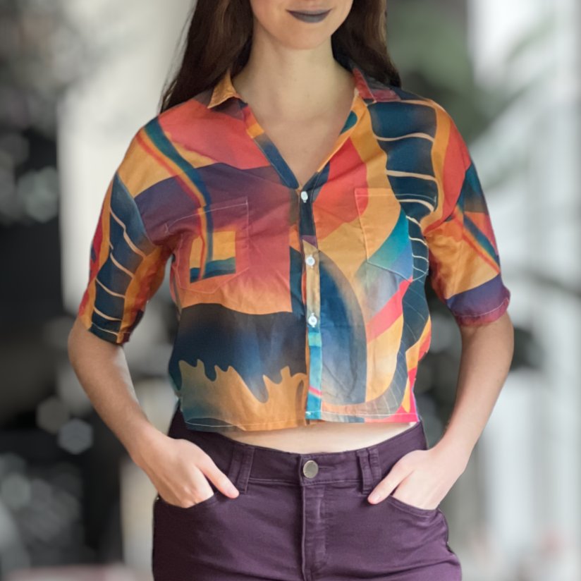 "Chromatic Aberration" - Women's V-Neck Button-Up Shirt | Shirts & Tops | All Around Artsy Fashion