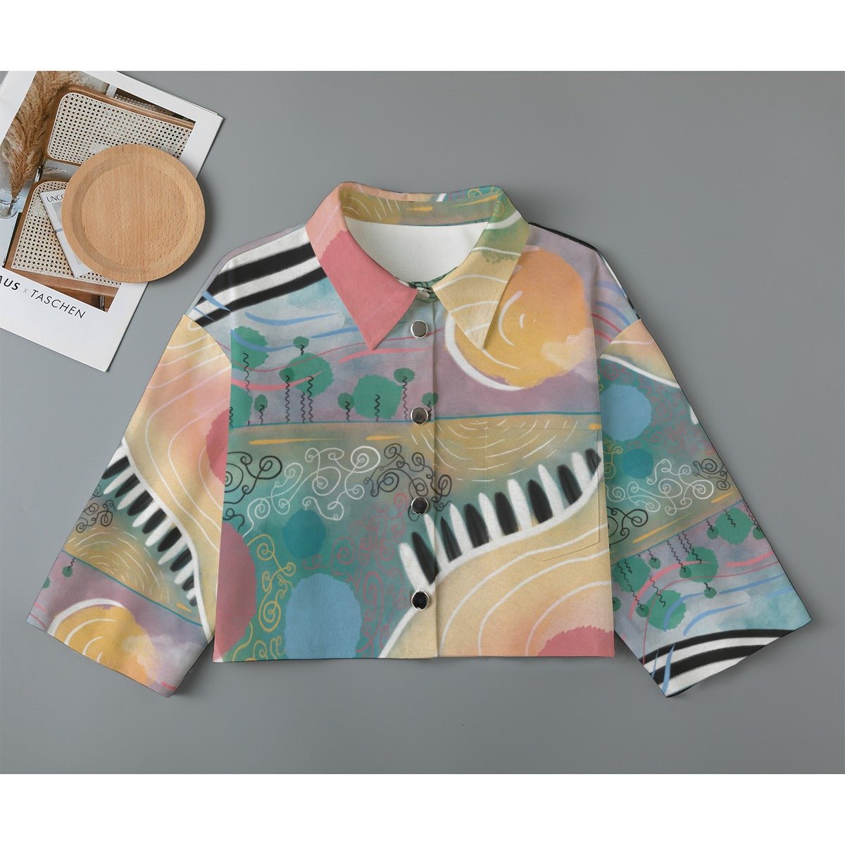 "Summer Serendipity" - Women's Cropped Denim-Style Jacket | Shirts & Tops | All Around Artsy Fashion